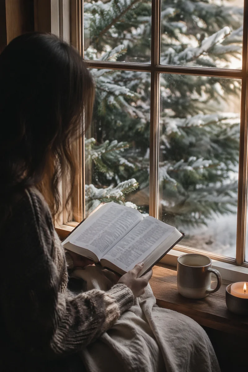 Woman Reading Bible by Evergreen Window