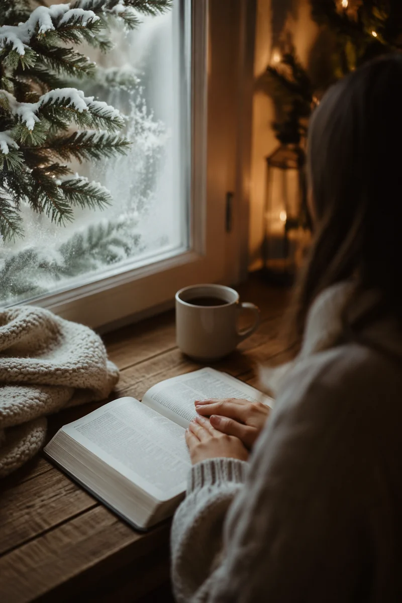 Morning Bible Reading by Snowy Evergreen Window
