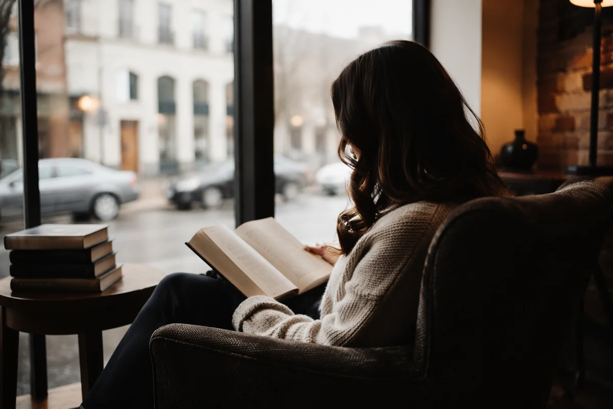 Woman Reading Bible by Cafe Window