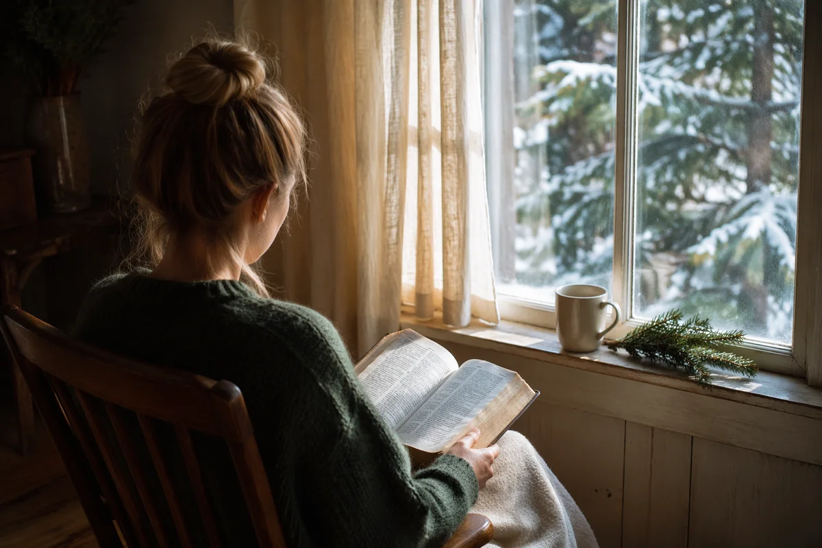 Woman Reading Bible by Snowy Evergreen Window