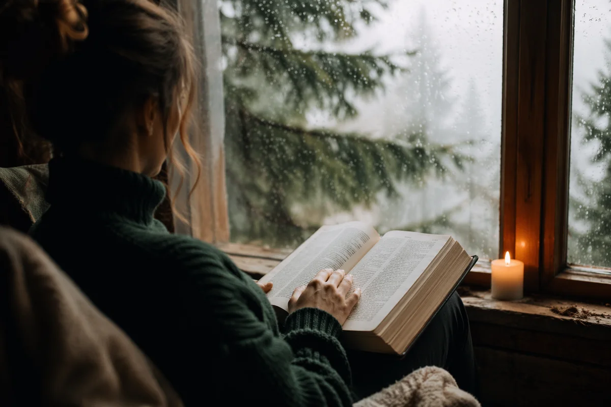 Woman Reading Bible by Rainy Cottage Window