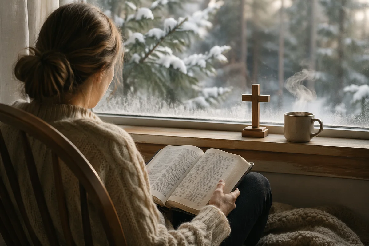 Quiet Morning Bible Reading by Snowy Window