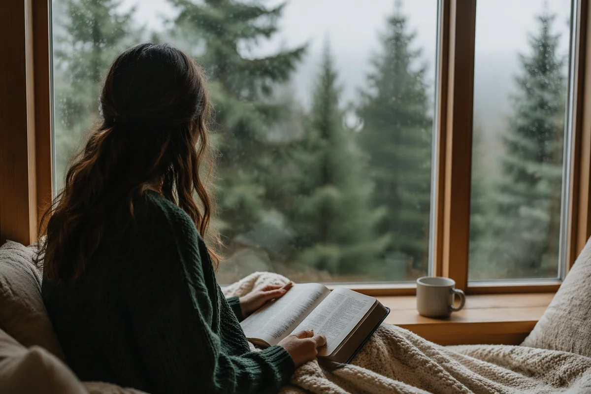Woman Reading Bible Beside Rainy Evergreen Window