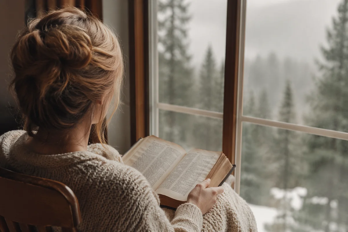 Woman Reading Bible by Winter Window