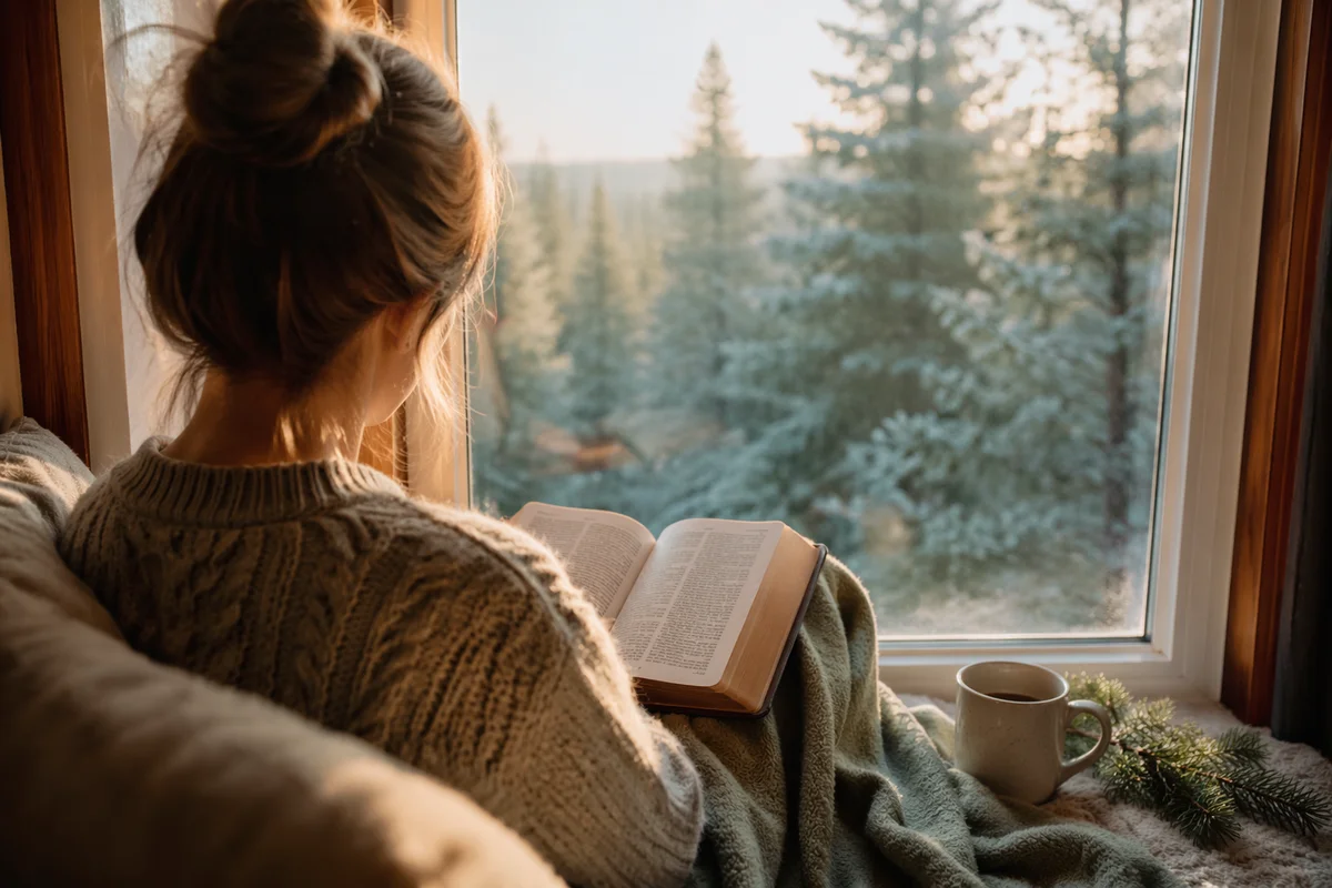 Quiet Bible Reading by Frosted Evergreen Window