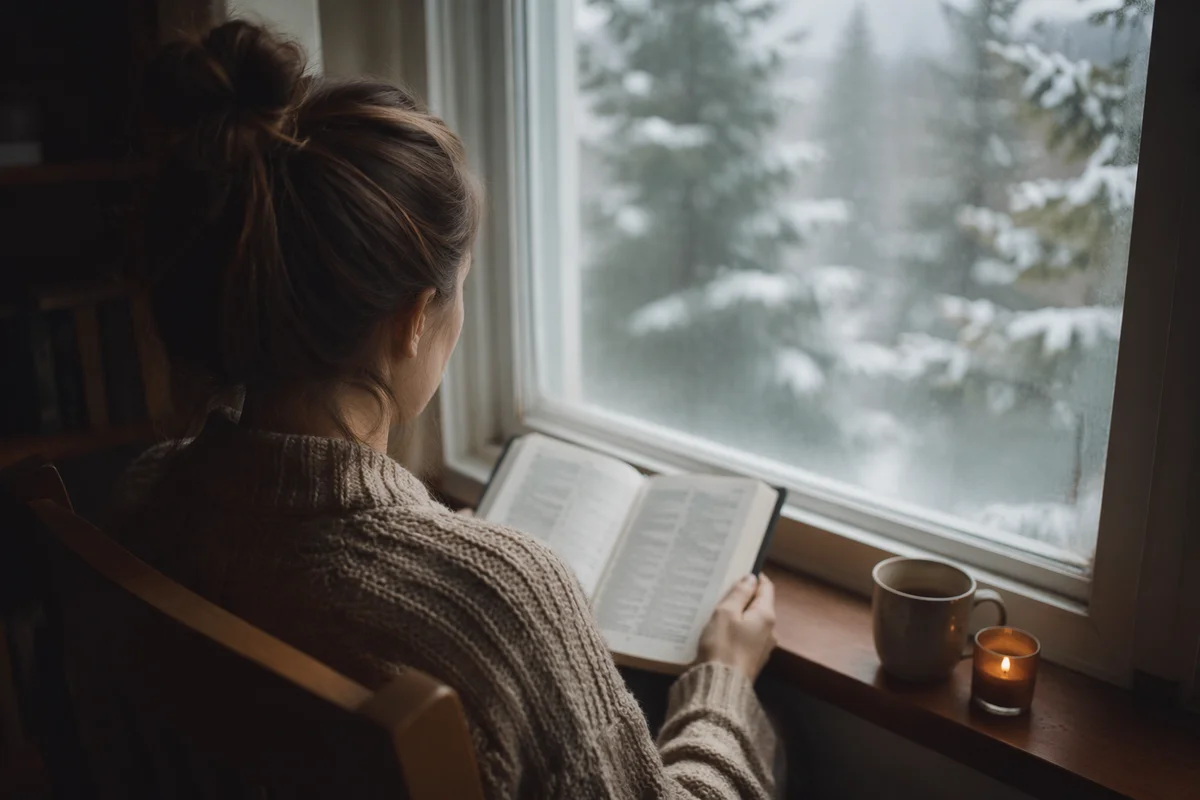 Woman Reading Bible by Frosted Window