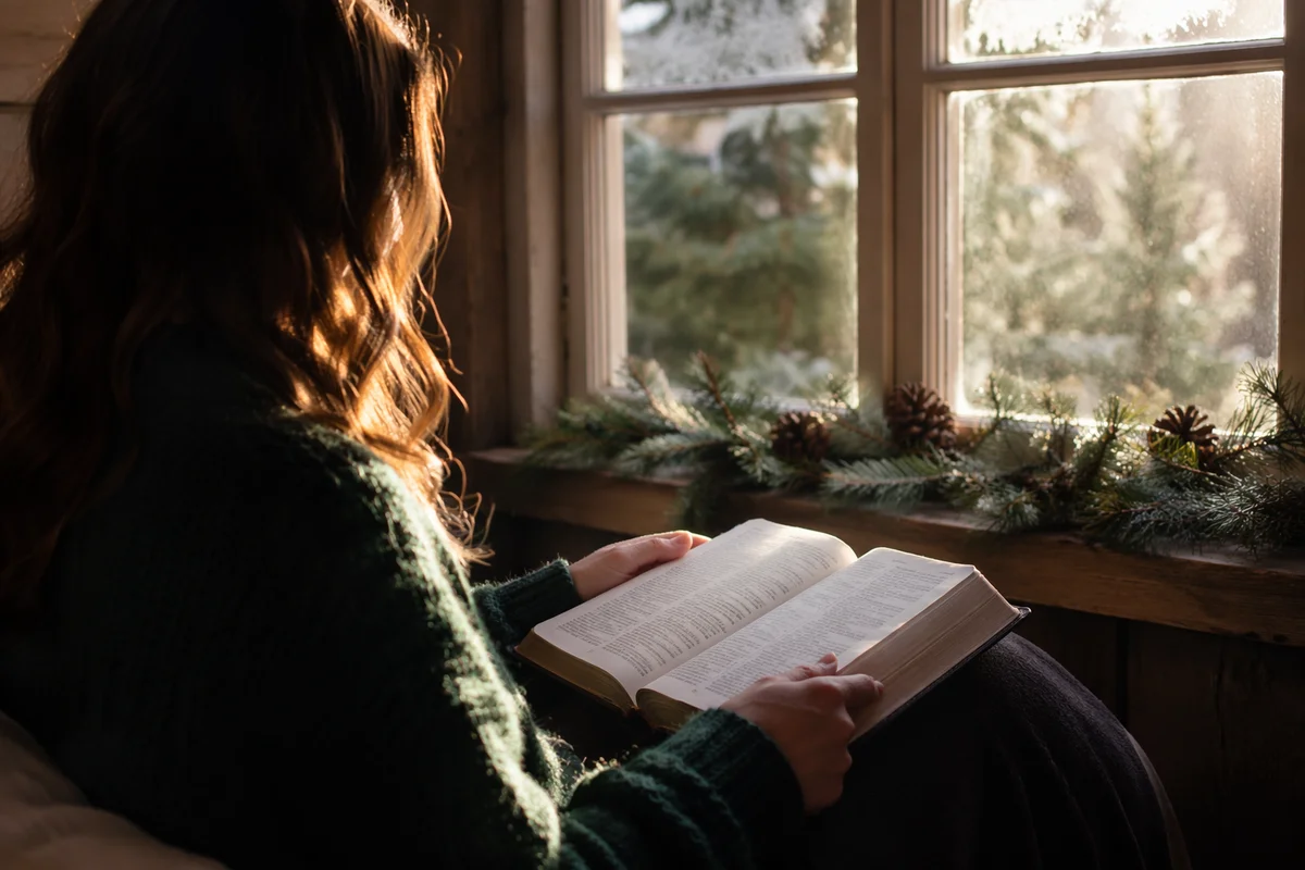 Woman Reading Bible by Frosted Cottage Window