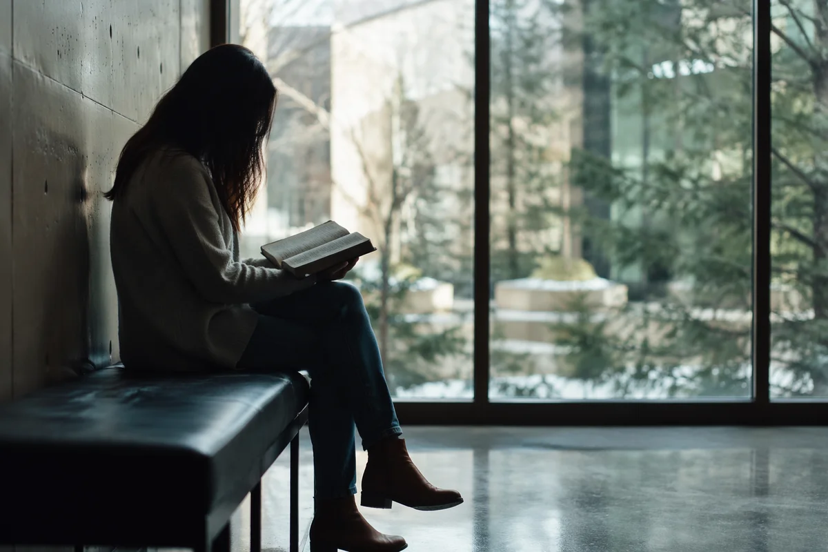 Woman Reading Bible by Winter Window