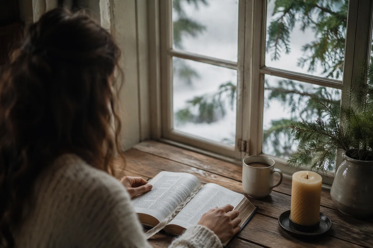 Woman Reading Bible by Winter Window