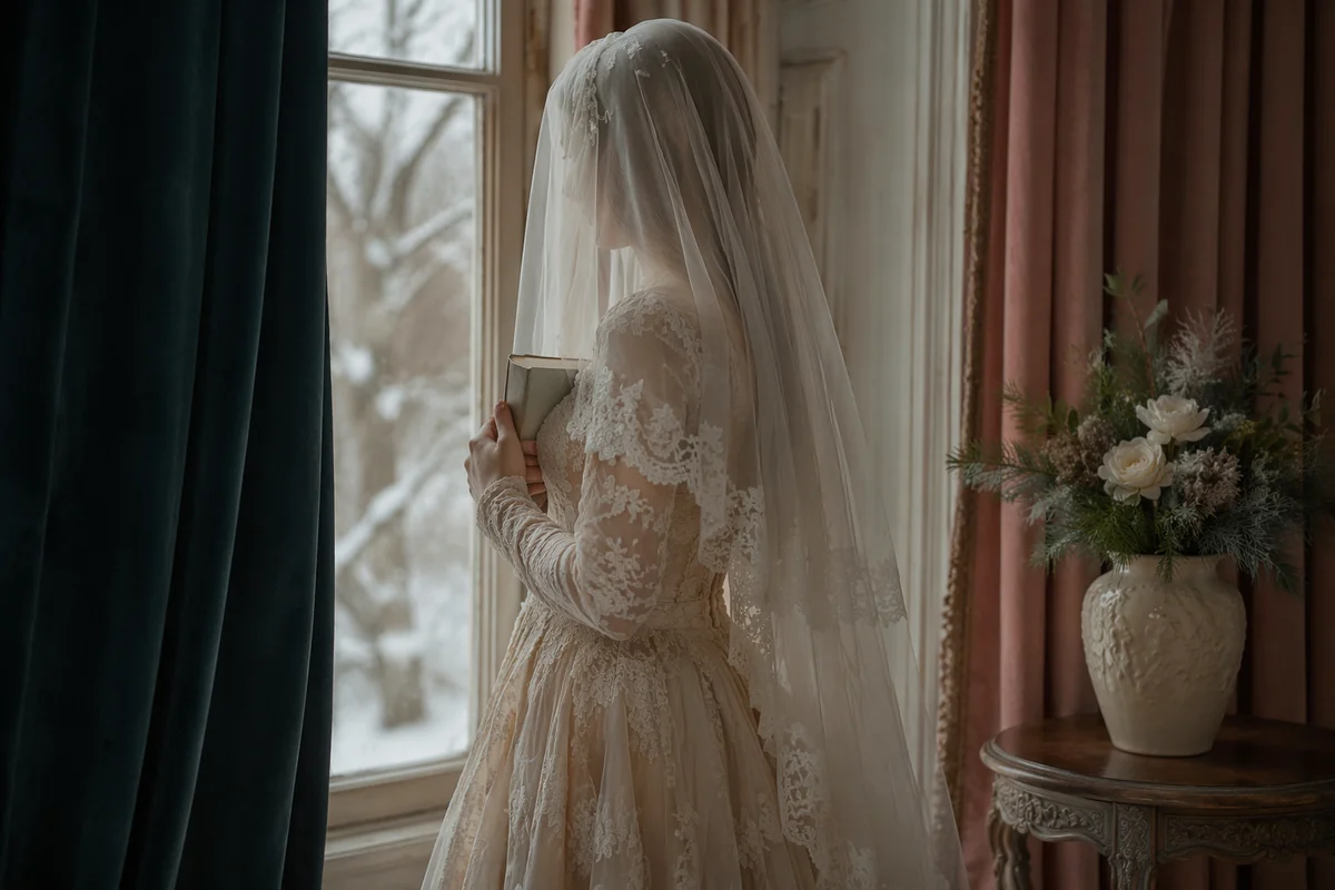 Veiled Woman Holding Bible by Winter Window
