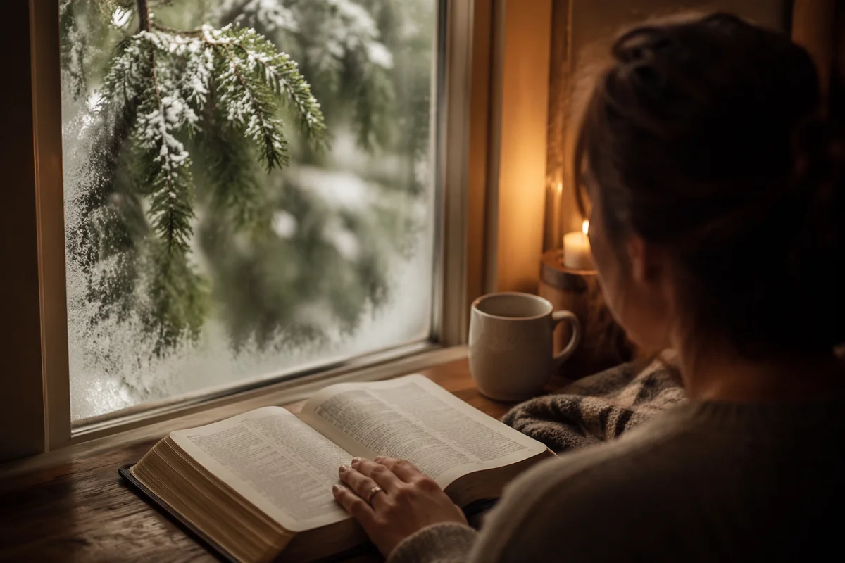 Quiet Morning Bible Reading by Frosted Window