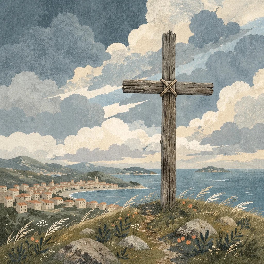 Weathered Wooden Cross Beneath Dramatic Coastal Sky