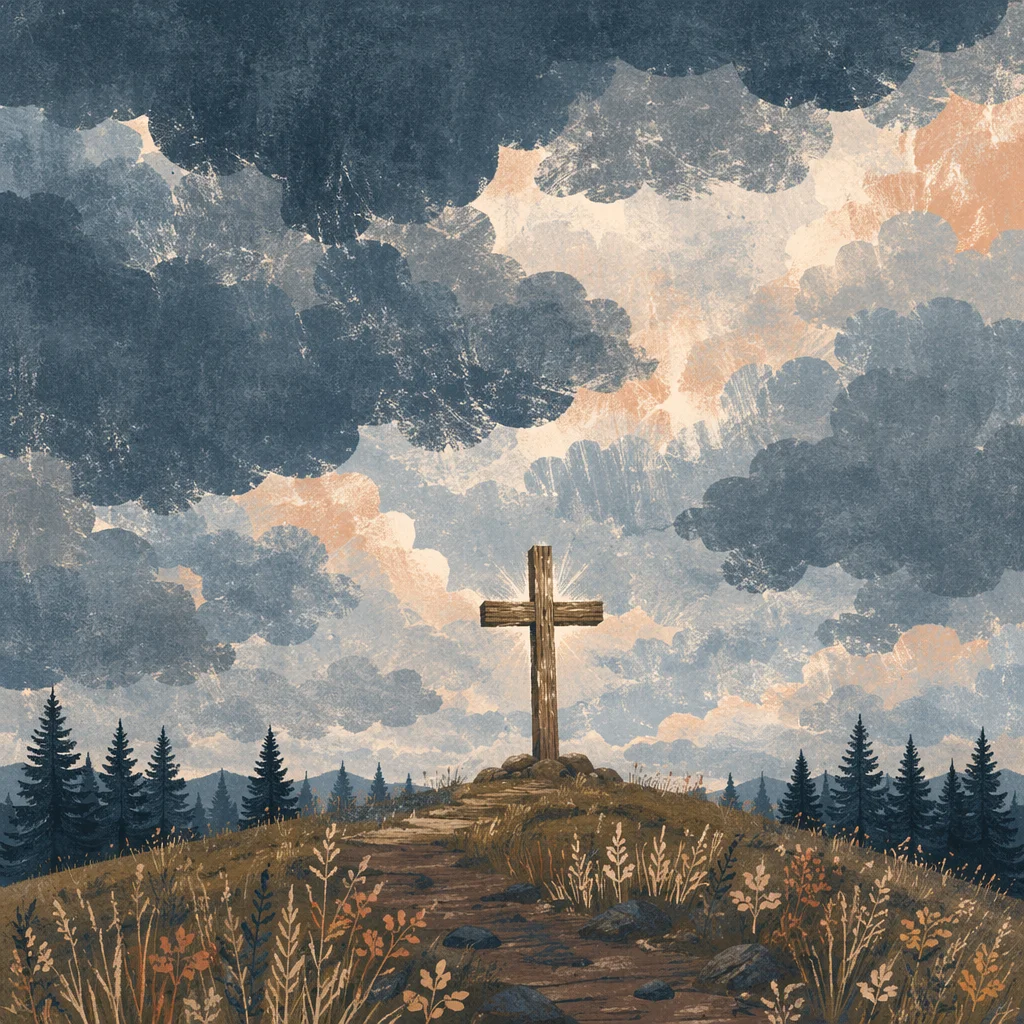 Weathered Cross on Hilltop Under Stormy Sky