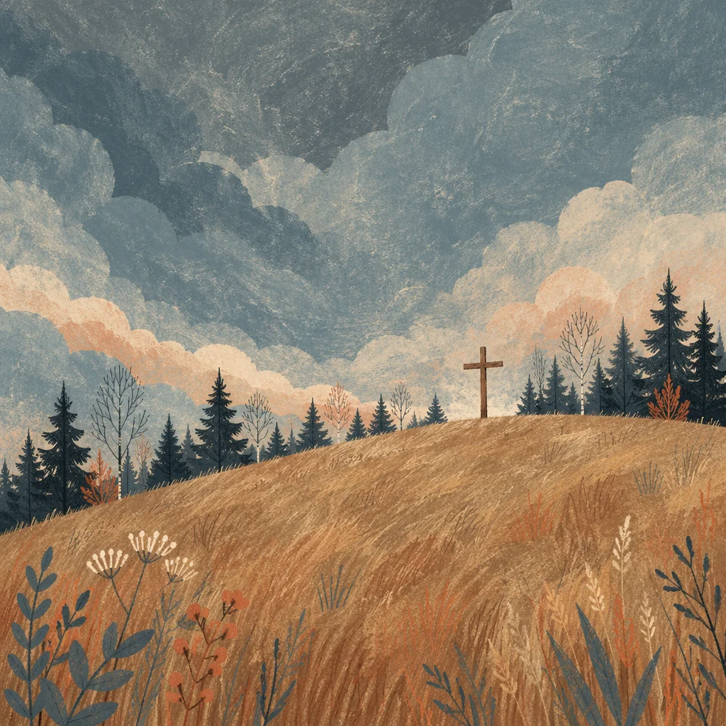 Wooden Cross on Hilltop Beneath Stormy Sky