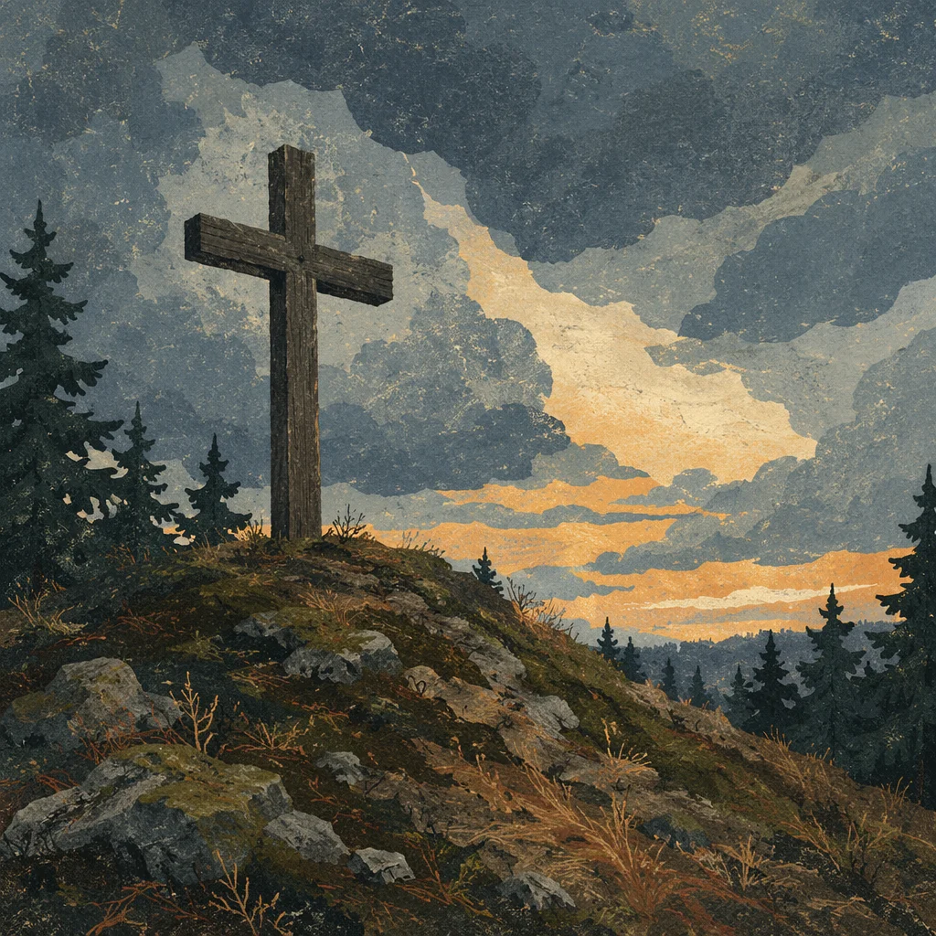 Weathered Cross on Evergreen Hilltop