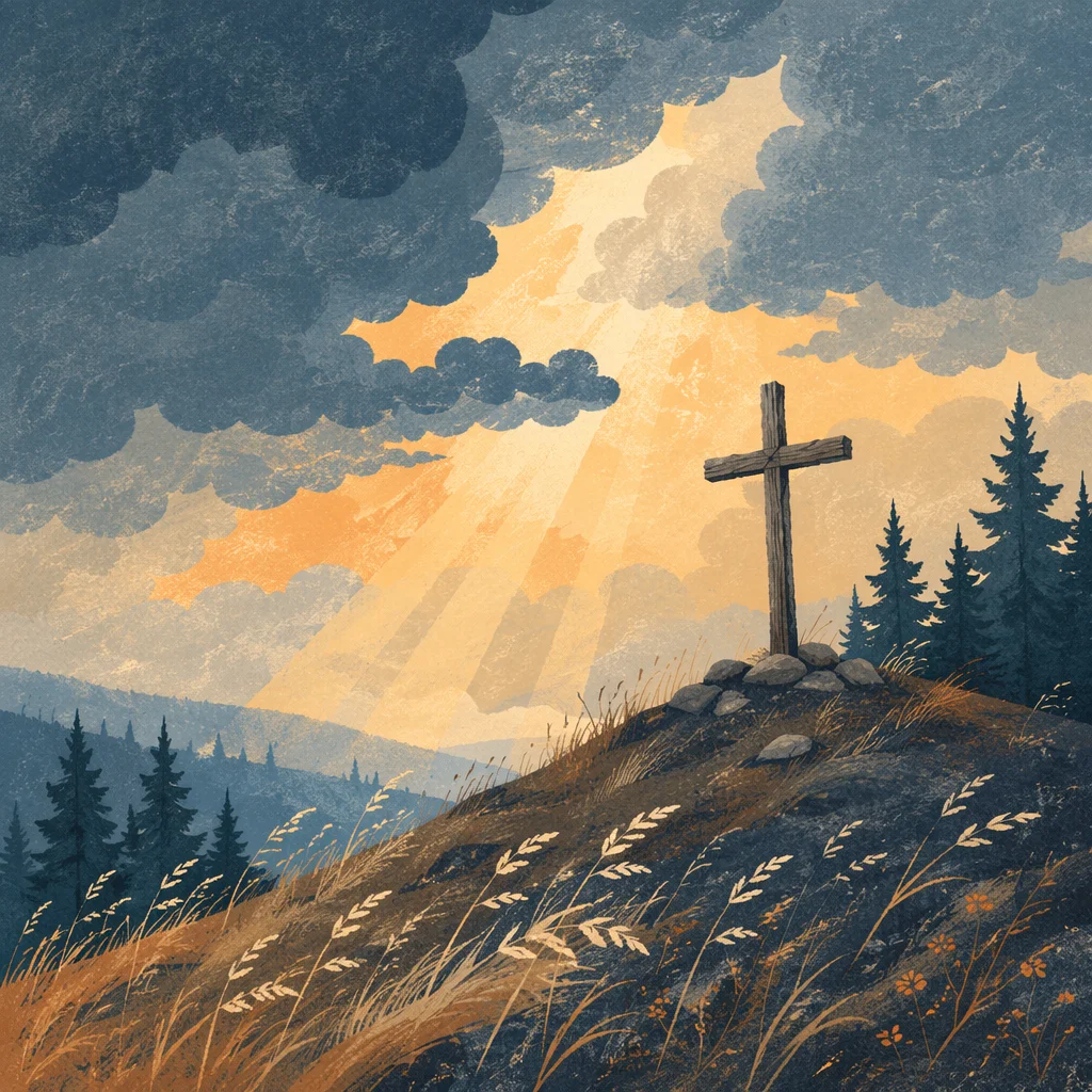 Weathered Cross on Evergreen Hilltop