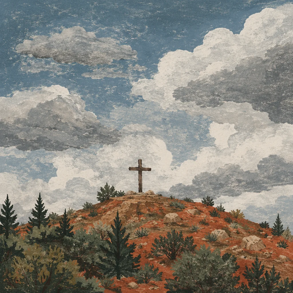 Wooden Cross on Rugged Hilltop Sky