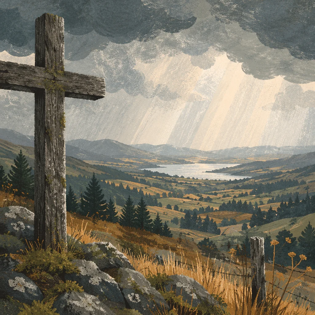 Weathered Cross Over Stormy Evergreen Valley
