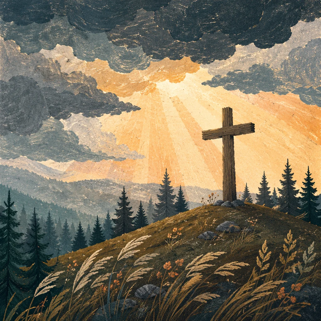 Wooden Cross on Evergreen Hilltop Sky