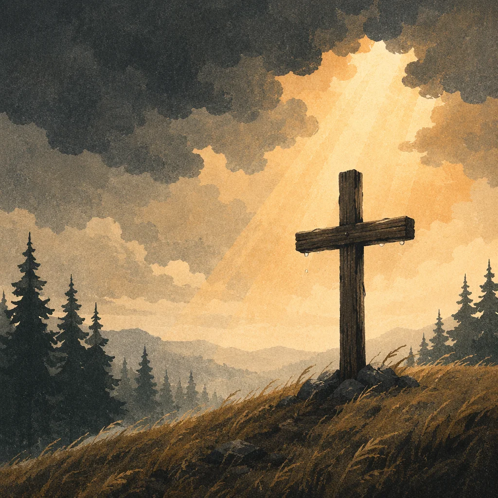 Wooden Cross on Hilltop Under Dramatic Sky