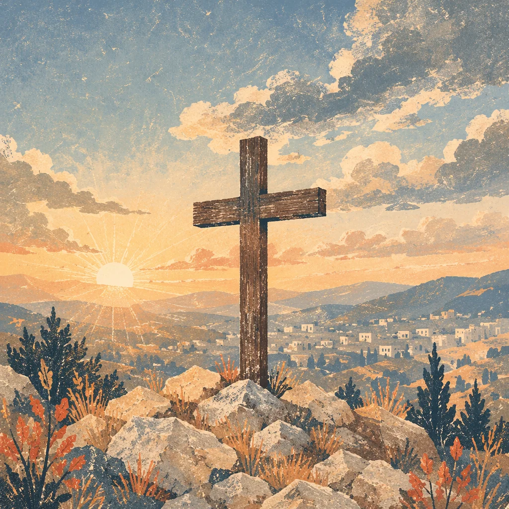 Wooden Cross on Hilltop at Sunset