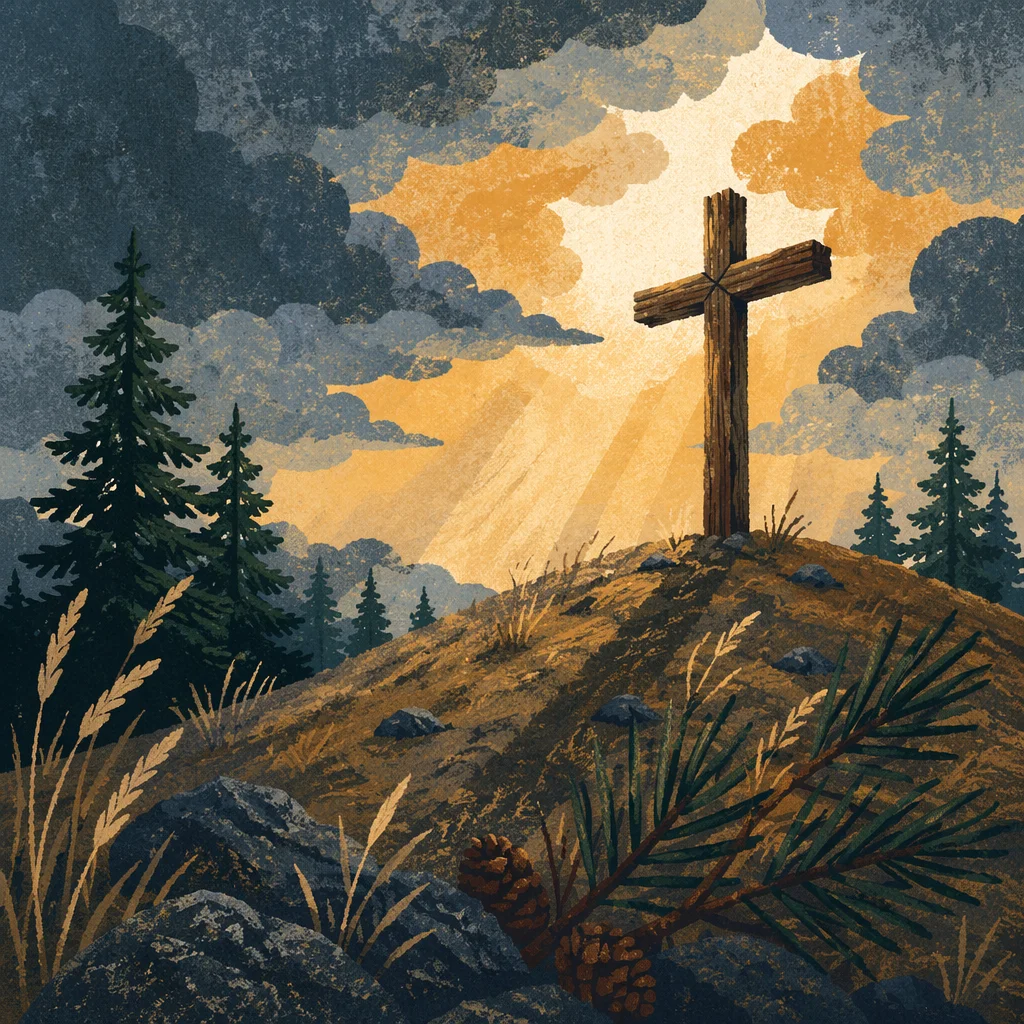 Wooden Cross on Evergreen Hilltop at Dawn
