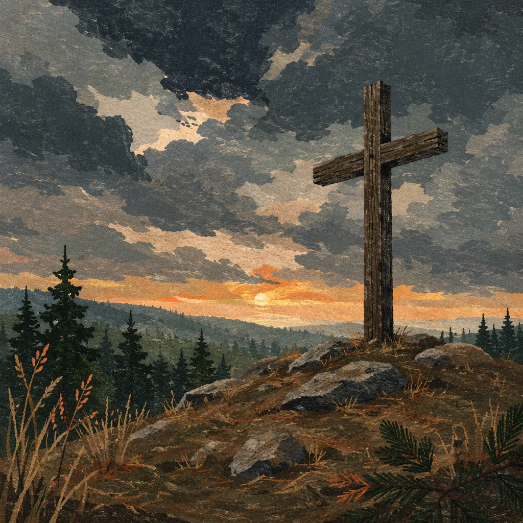 Wooden Cross on Stormy Evergreen Hilltop