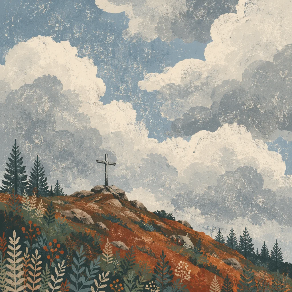Wooden Cross on Hilltop Under Dramatic Sky