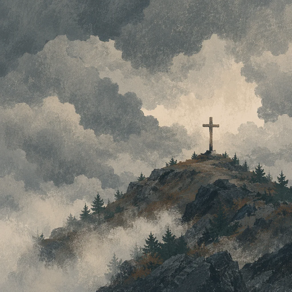 Weathered Cross on Misty Evergreen Hilltop