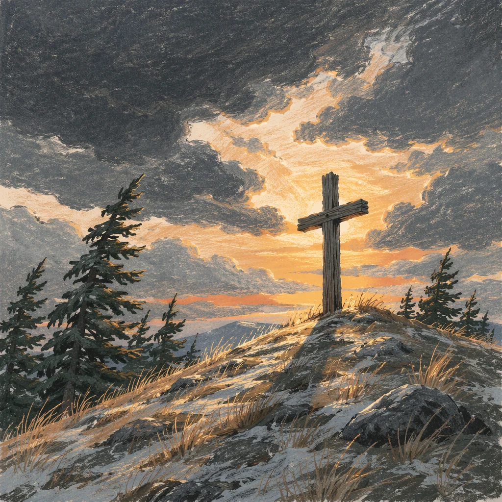 Weathered Cross on Evergreen Hilltop at Sunset