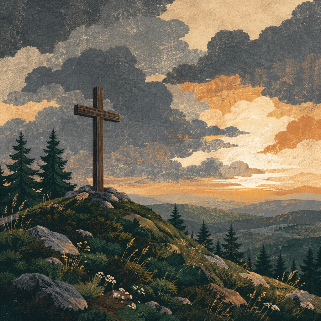 Wooden Cross on Evergreen Hilltop Sky
