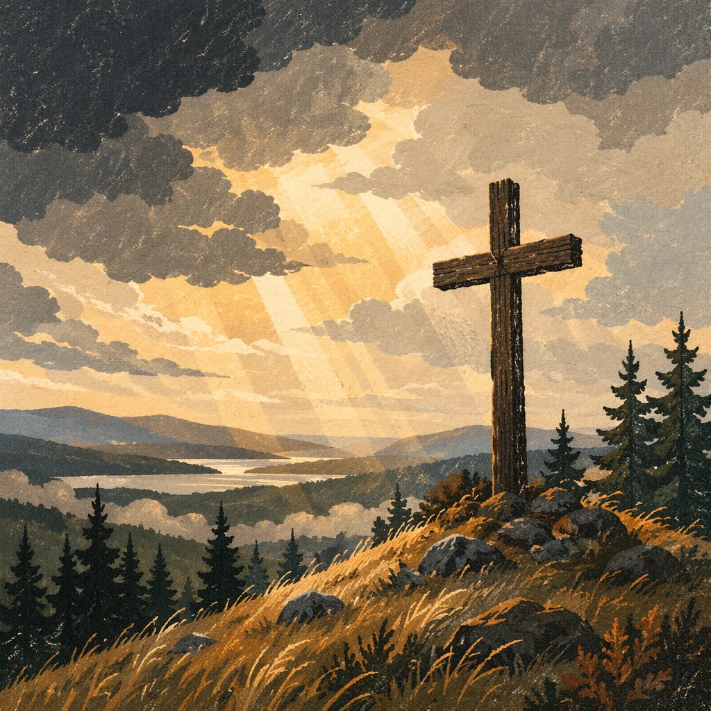 Weathered Wooden Cross Beneath Dramatic Evergreen Sky