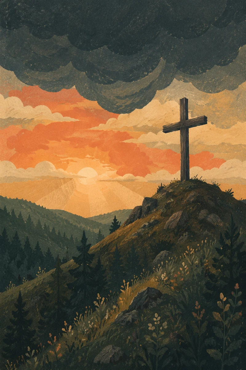 Wooden Cross on Evergreen Hill at Sunset