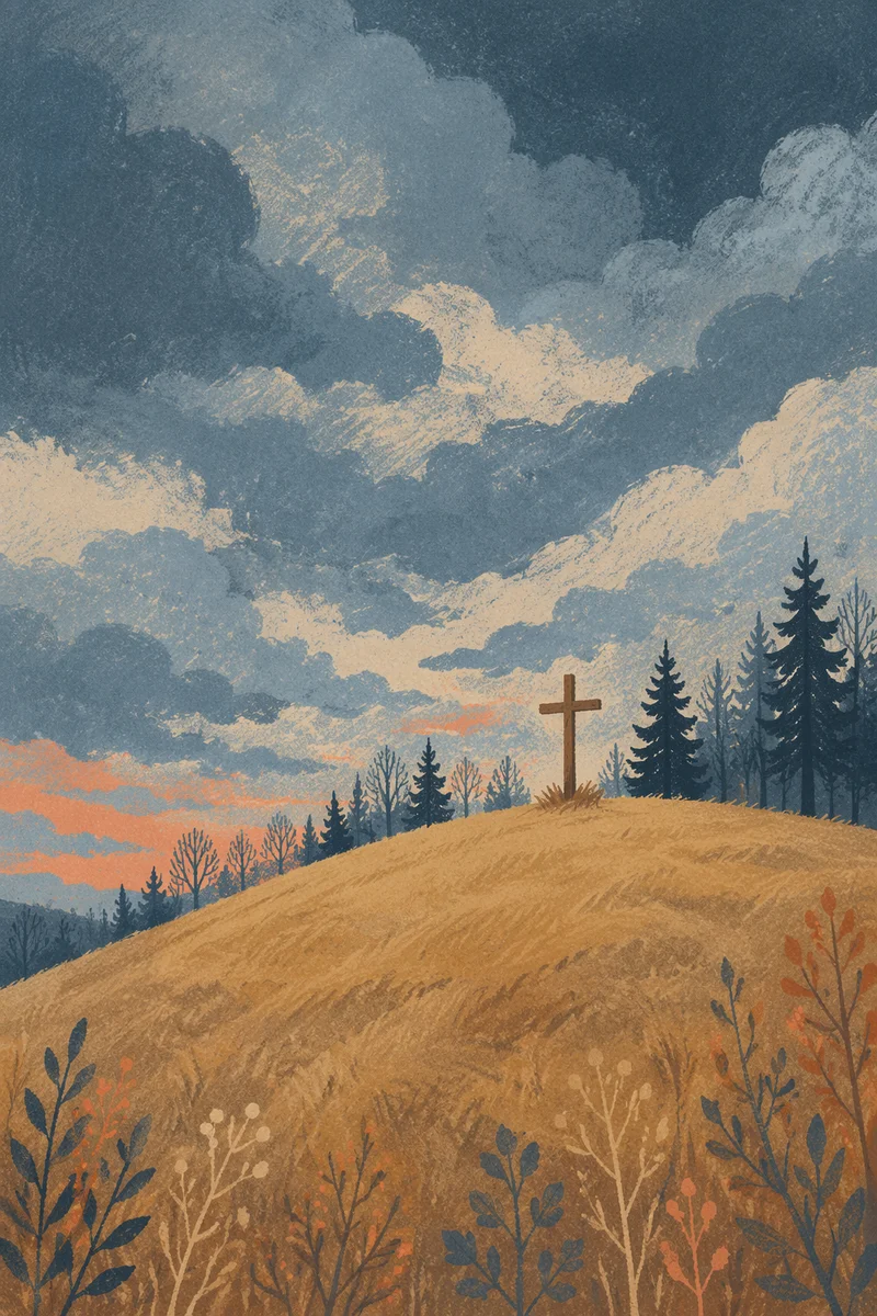Wooden Cross on Hilltop Under Stormy Sky