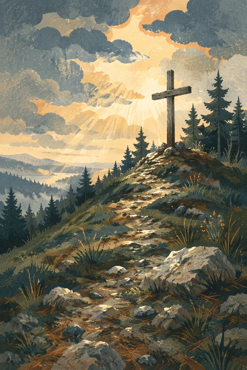 Weathered Wooden Cross Beneath Stormlit Sky