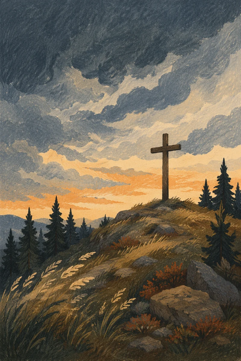 Wooden Cross on Stormy Evergreen Hilltop