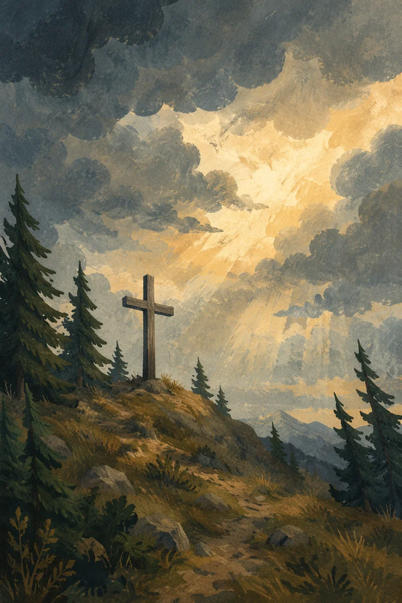 Weathered Cross on Evergreen Hilltop