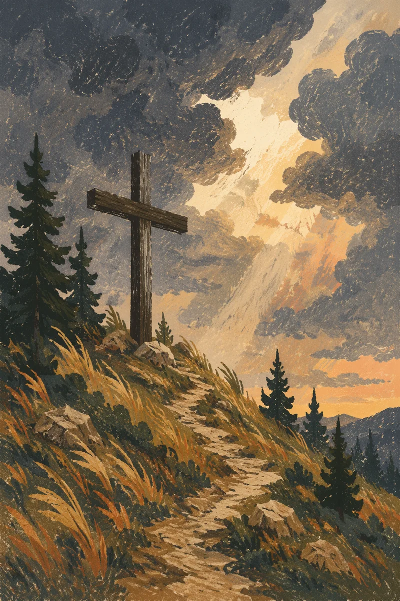 Hilltop Wooden Cross Under Stormlit Sky