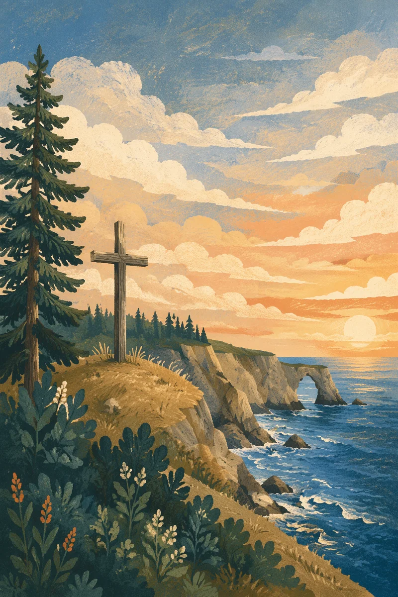 Wooden Cross on Coastal Hilltop