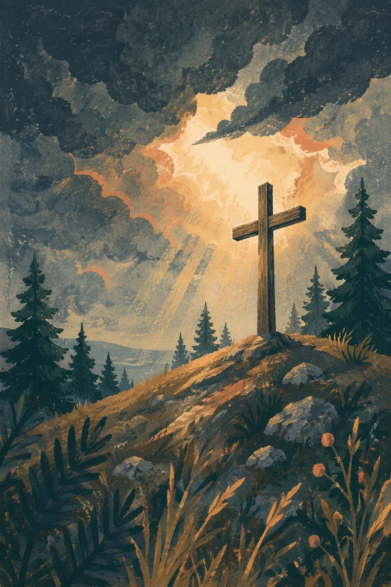 Wooden Cross on Evergreen Hilltop at Dawn