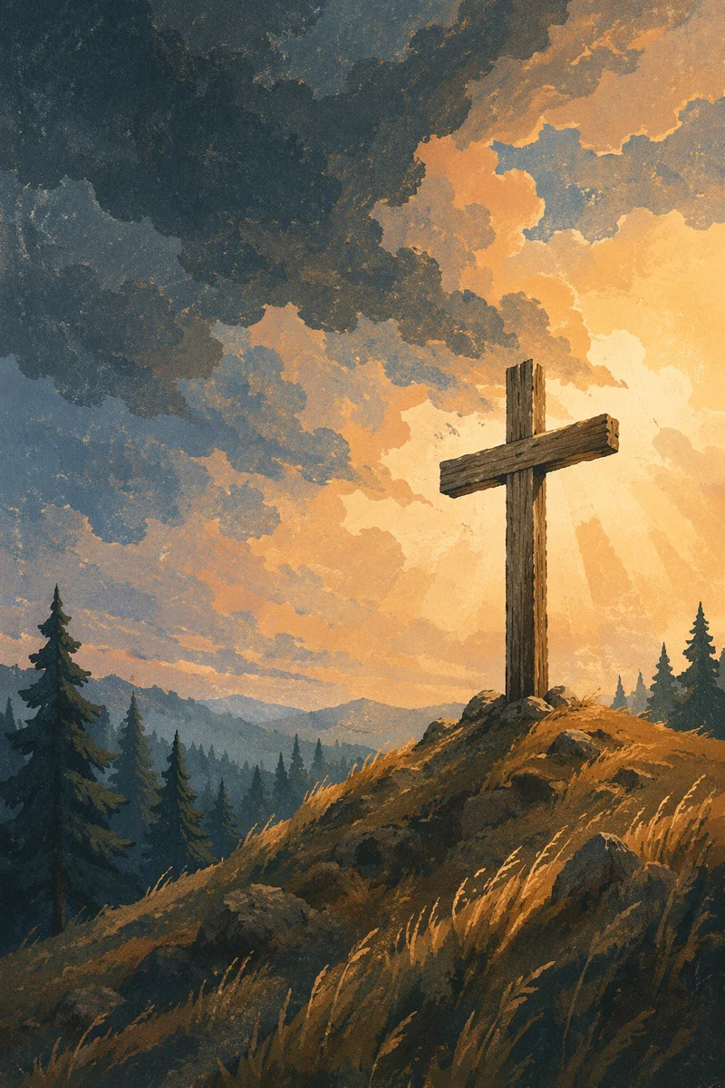 Wooden Cross on Evergreen Hilltop Sky