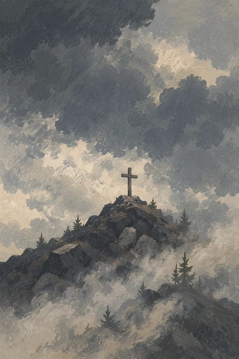 Wooden Cross on Misty Evergreen Hilltop