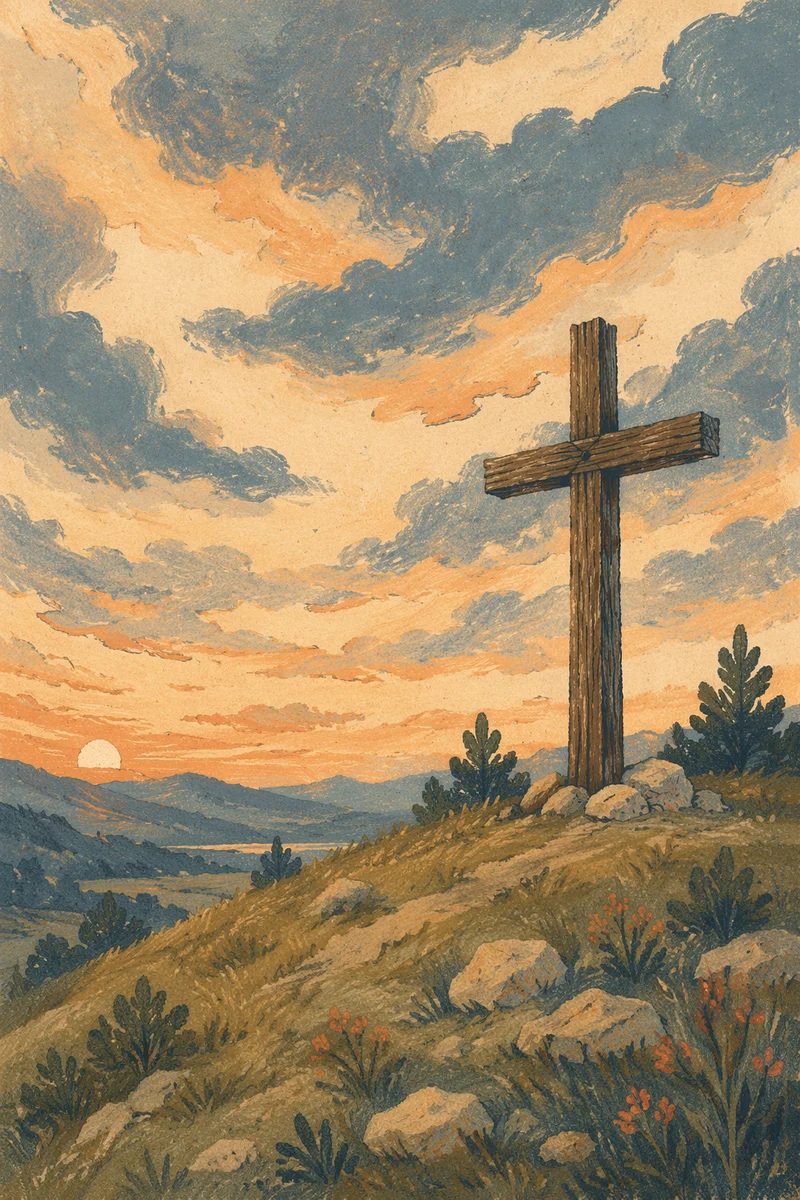 Wooden Cross on Evergreen Hill at Dusk