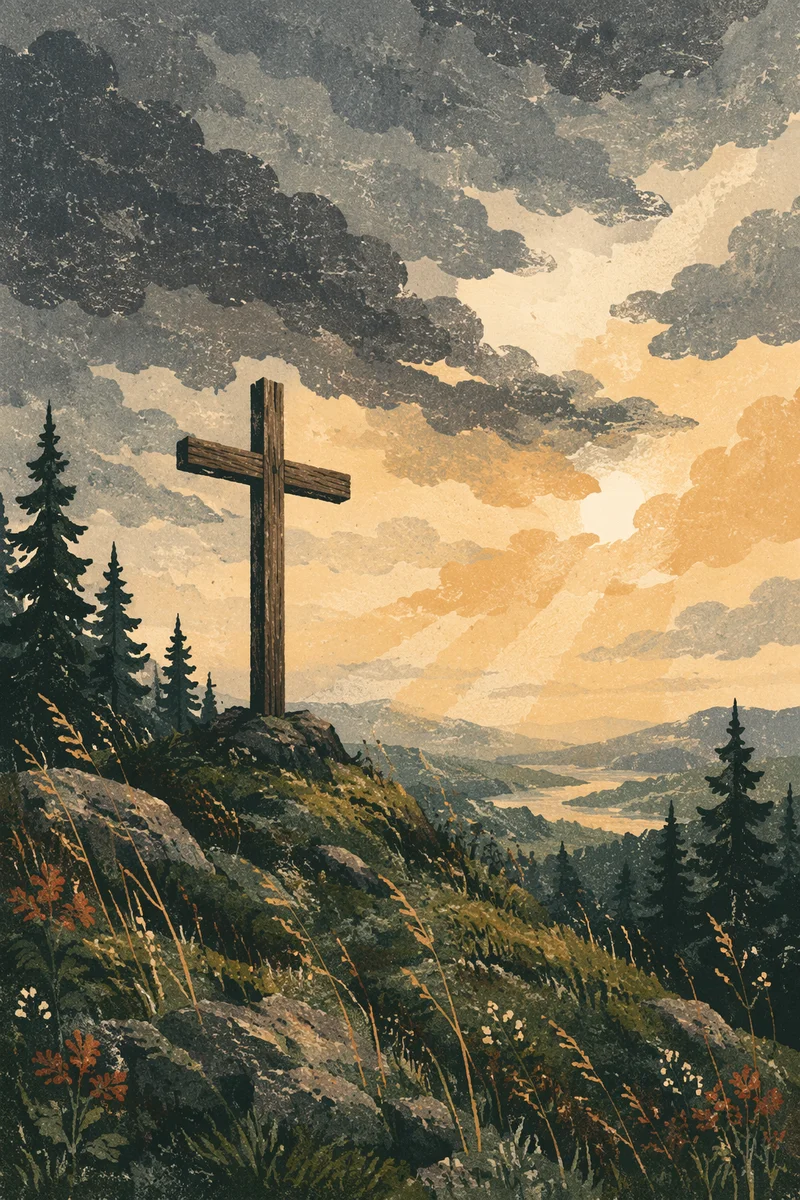 Wooden Cross on Evergreen Hilltop at Sunset