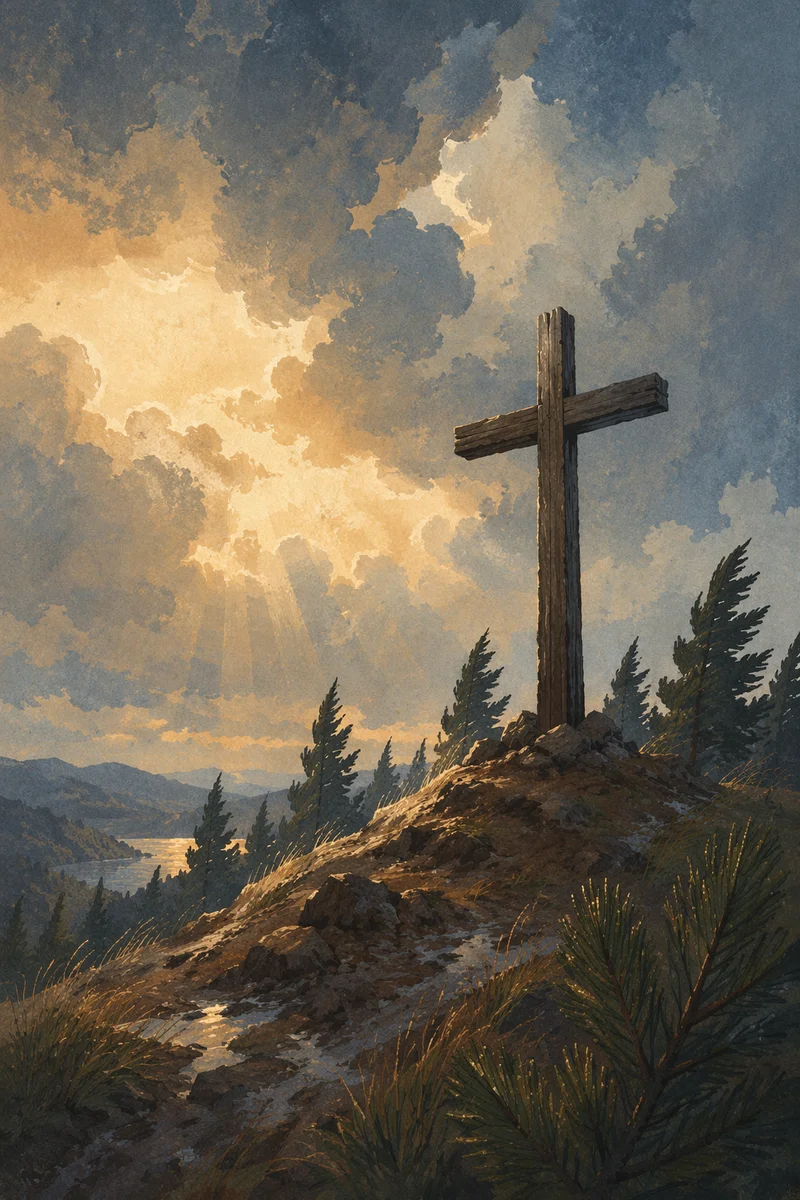 Wooden Cross on Stormy Evergreen Hilltop