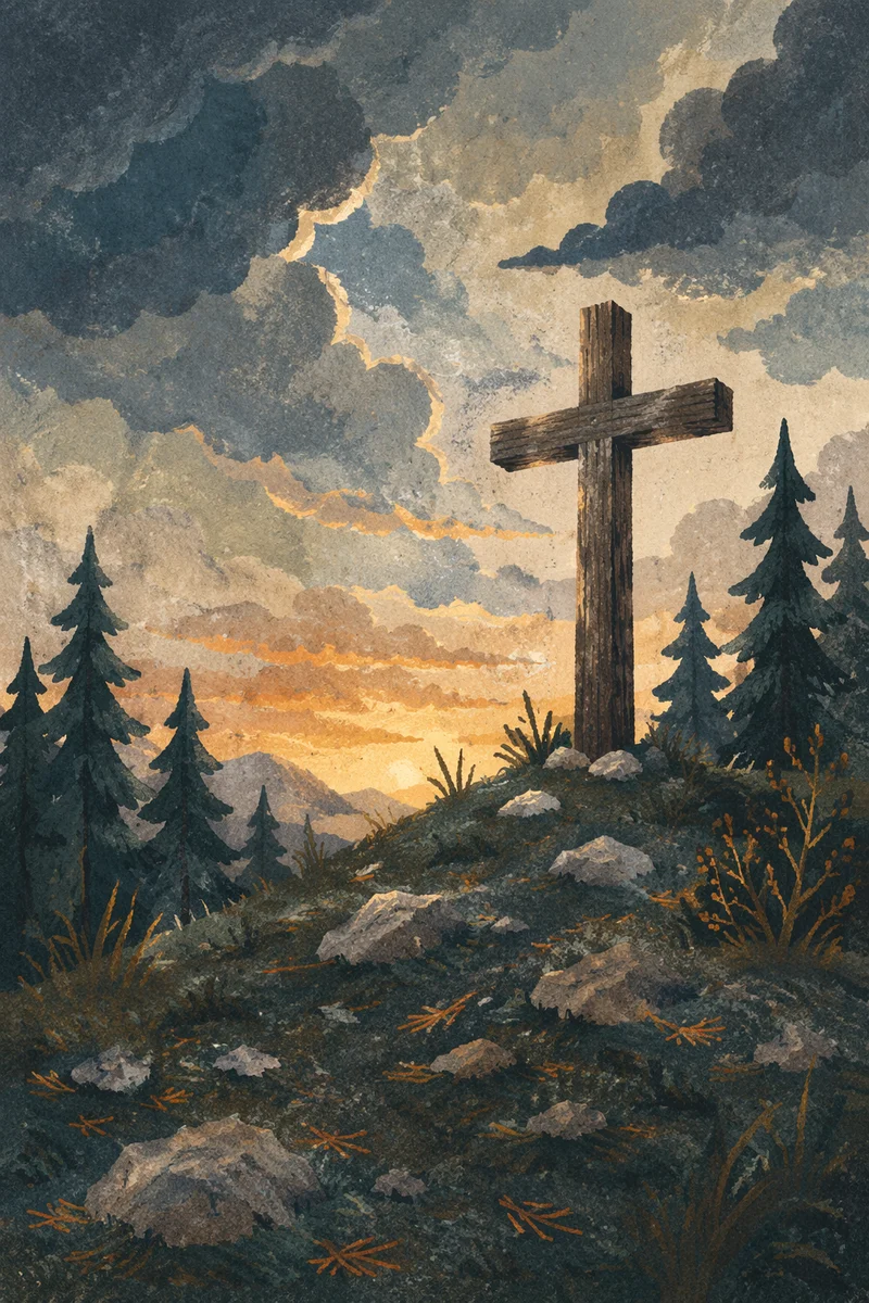 Weathered Wooden Cross Beneath Dramatic Evergreen Sky