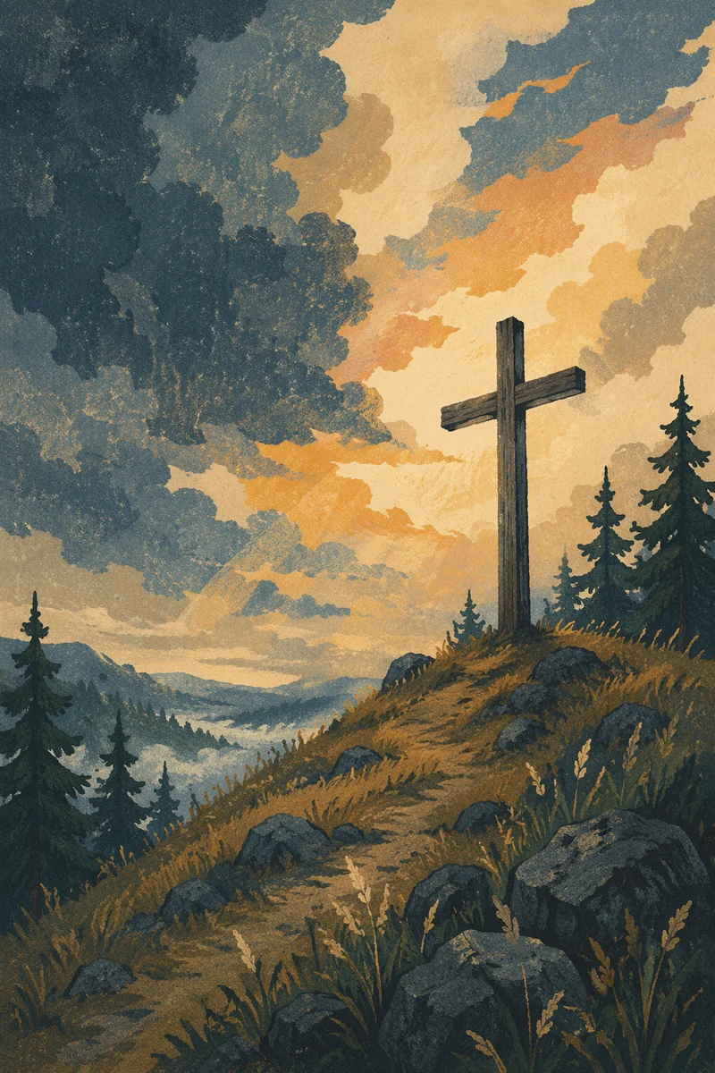 Weathered Cross on Evergreen Hilltop