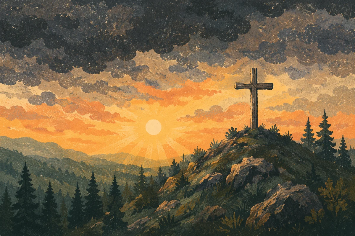 Weathered Cross Above Evergreen Hills