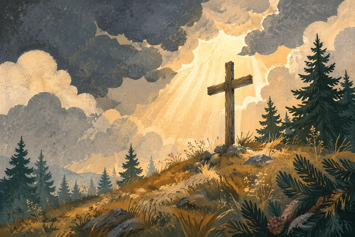 Wooden Cross on Evergreen Hilltop