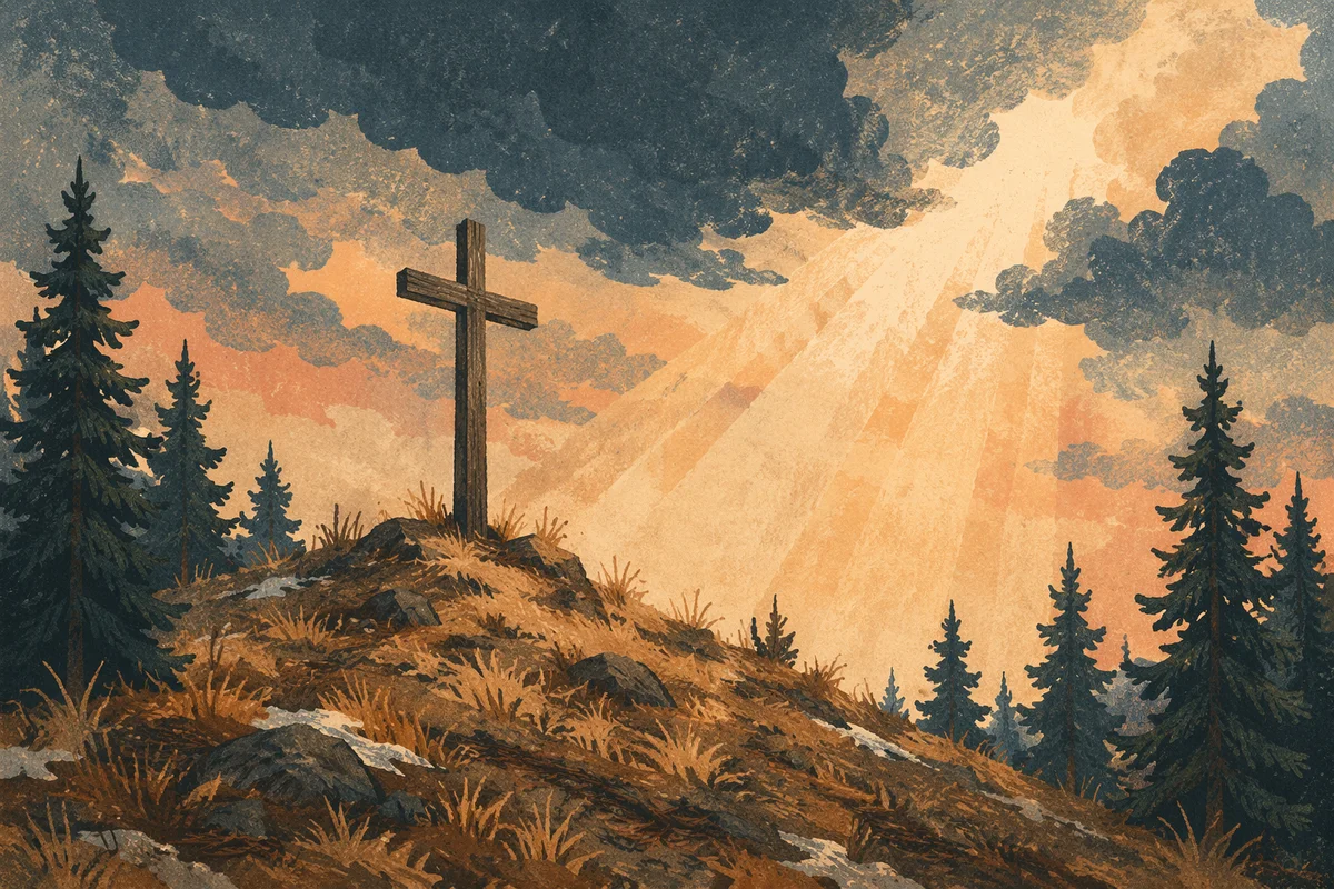 Weathered Cross on Evergreen Hilltop
